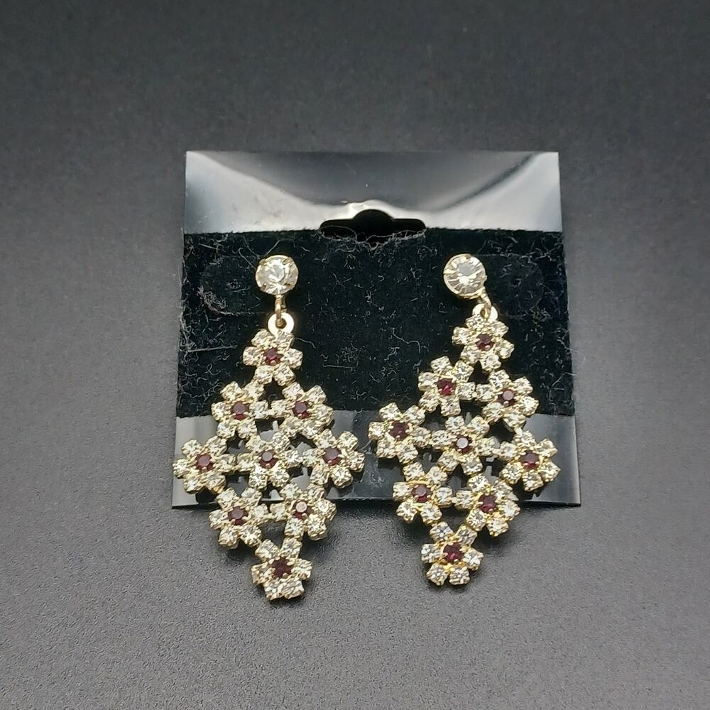 Vintage Silver Tone Lattice Chandelier Earrings Red Ruby Accent 2.5”